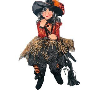 Halloween Witch W/Broom Orange Black Dress Cobweb Design Sitting Doll